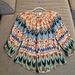 Sundance Silk Colorful Abtract Boho Sheer Casual Button Top Blouse Size XS